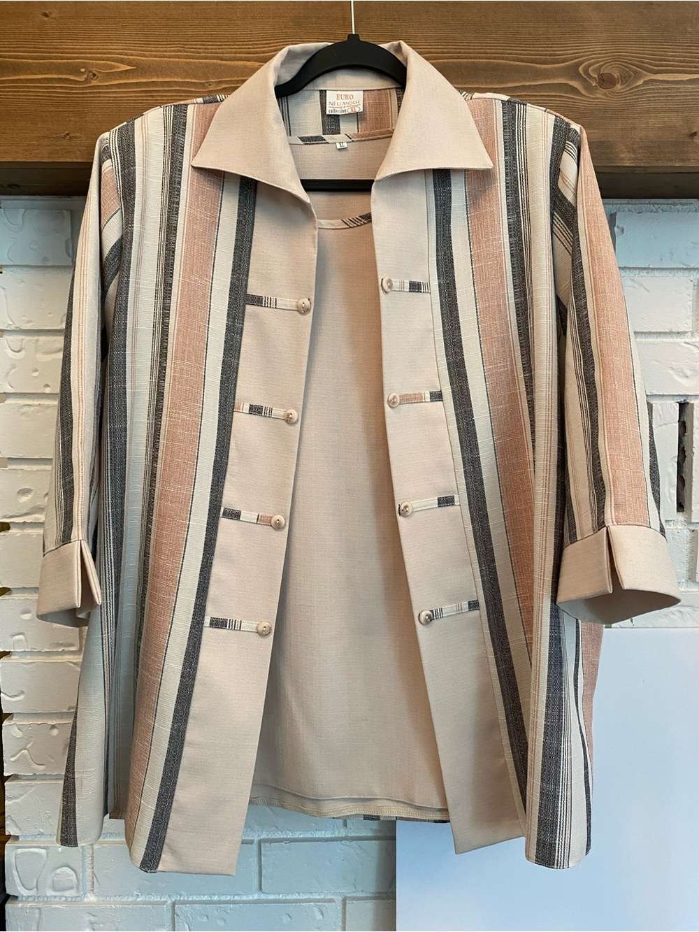 Vintage Euro Neu Mode XL 2 Piece Striped Jacket Tank Cotton Linen Blend Set